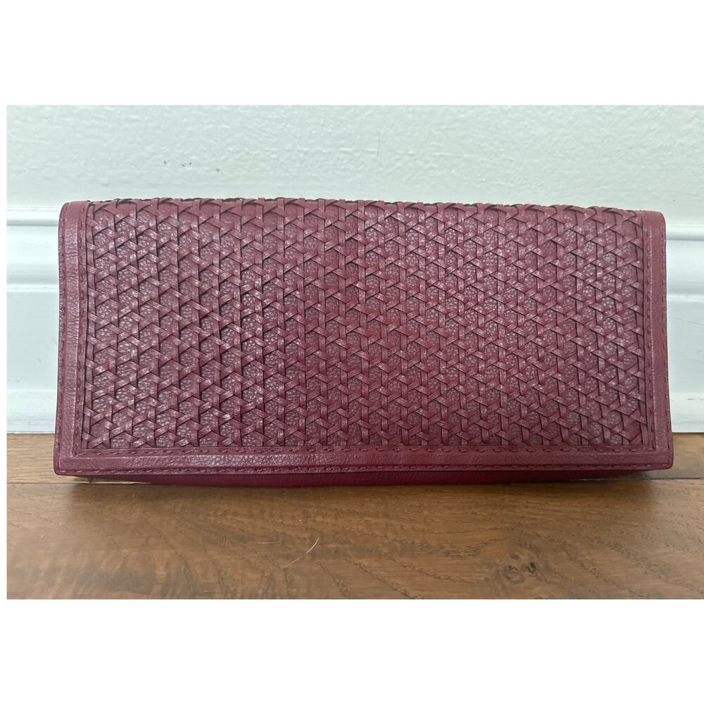 Woven Leather Clutch Purse Burgundy Textured Fold Over Evening Bag